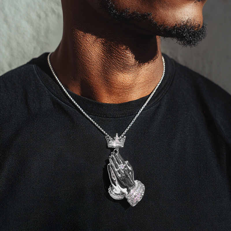 Iced Out Praying Hands Crown Pendant