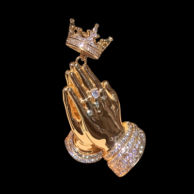 Iced Out Praying Hands Crown Pendant