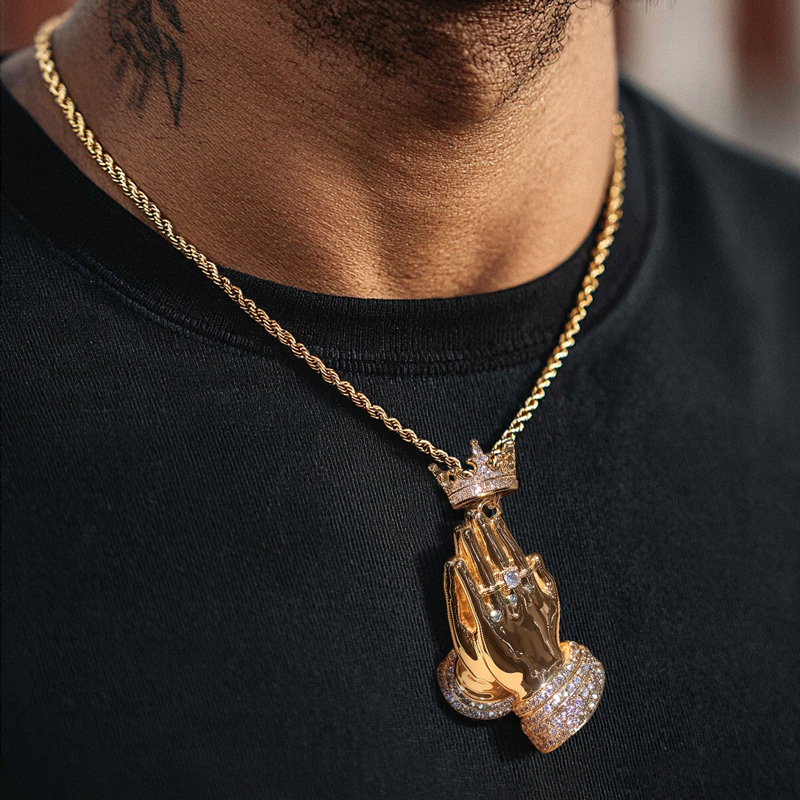 Iced Out Praying Hands Crown Pendant