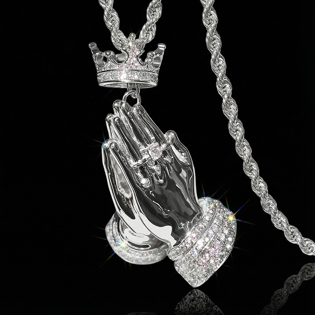 Iced Out Praying Hands Crown Pendant