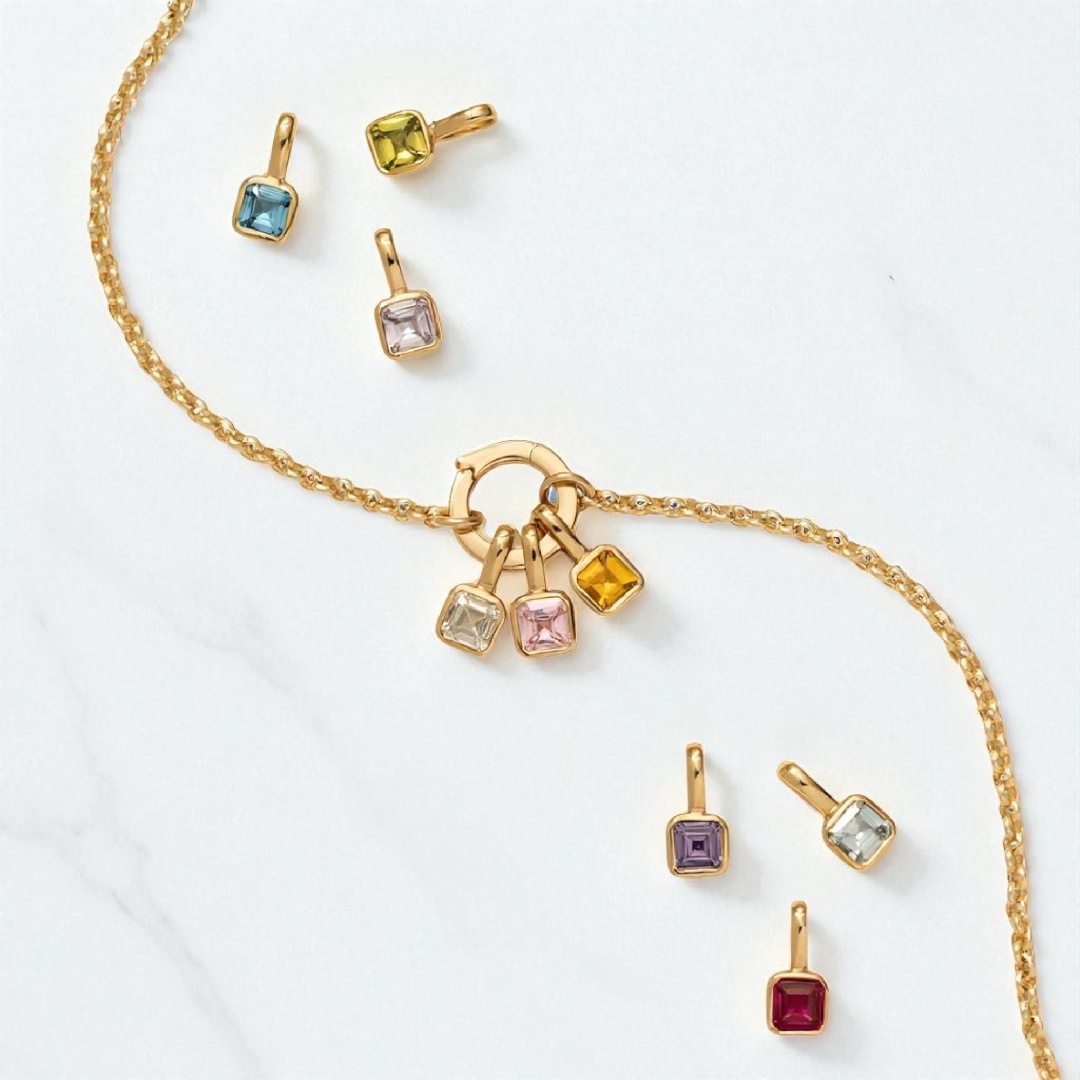 Personalized Asscher Cut Birthstone Charm Pendant Necklace Personalized Asscher Cut Birthstone Charm Pendant Necklace