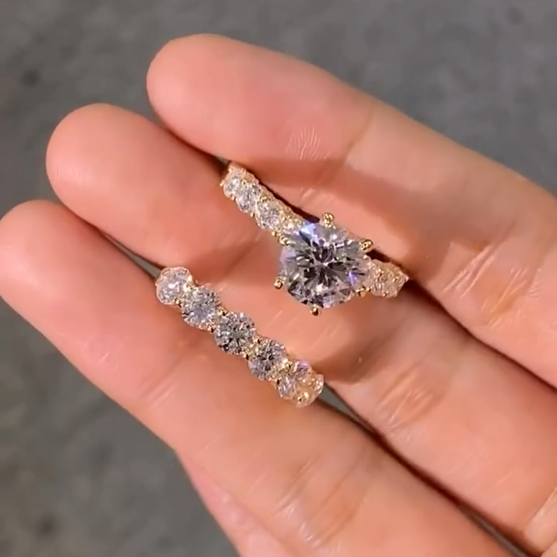 6.47CT Round Cut VVS Moissanite Pave Engagement Ring Set