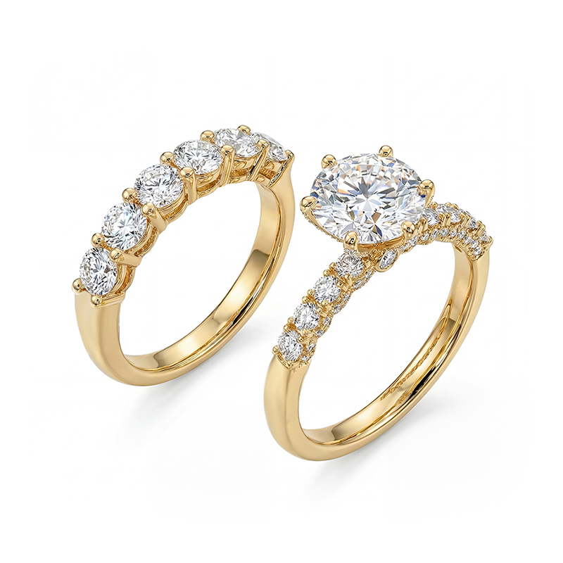 6.47CT Round Cut VVS Moissanite Pave Engagement Ring Set