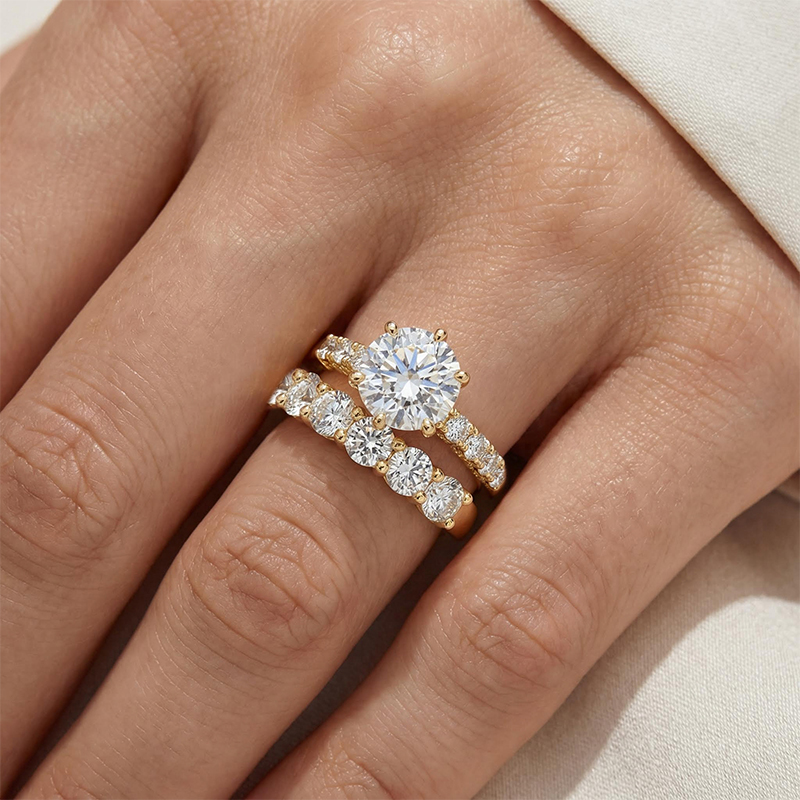 6.47CT Round Cut VVS Moissanite Pave Engagement Ring Set