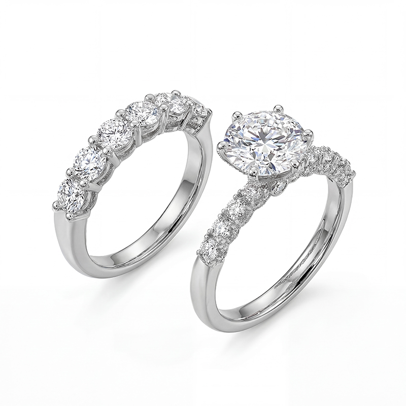 6.47CT Round Cut VVS Moissanite Pave Engagement Ring Set