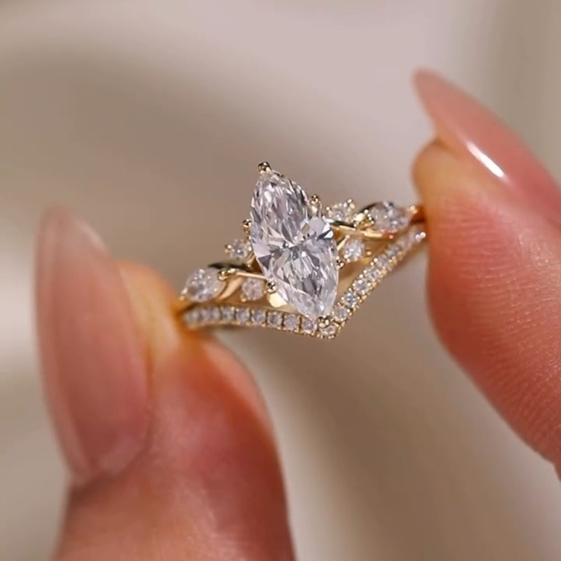 2.35CT Marquise Cut VVS Moissanite Pave Engagement Ring Set