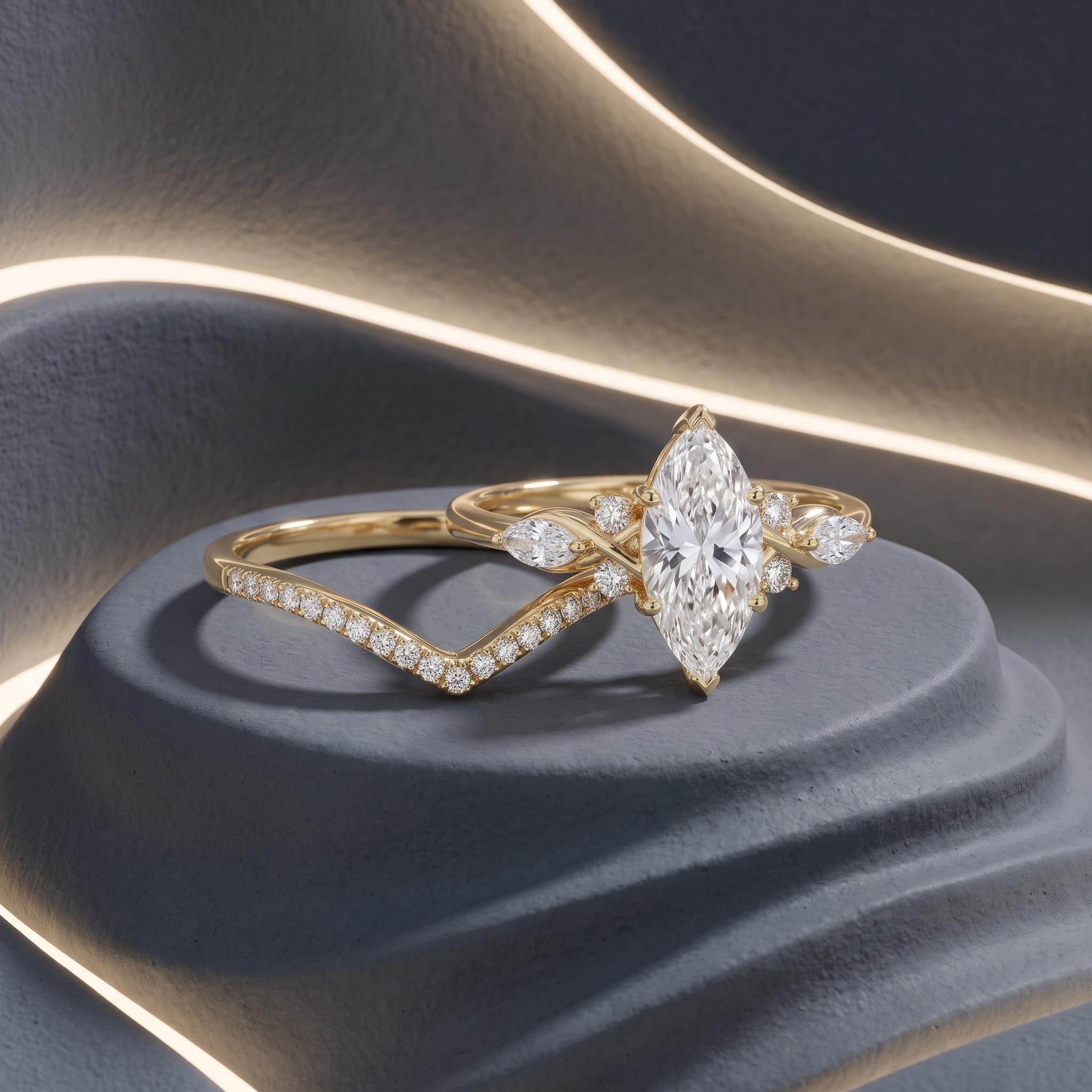 2.34ct. tw. Marquise Cut VVS Moissanite Pave Engagement Ring Set 2.34ct. tw. Marquise Cut VVS Moissanite Pave Engagement Ring Set