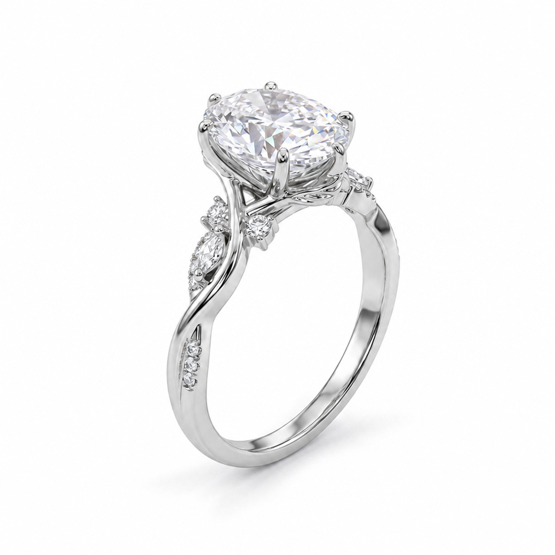 3.29CT Oval Cut VVS Moissanite Side Stone Engagement Ring