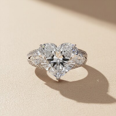 5.08CT Heart Cut VVS Moissanite Pave Engagement Ring with Pear Cut Side Stone