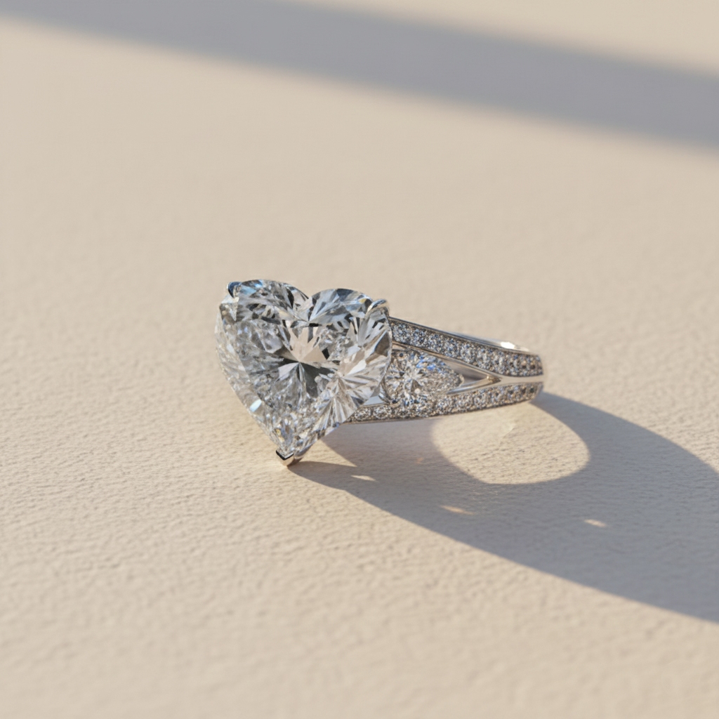 5.08CT Heart Cut VVS Moissanite Pave Engagement Ring with Pear Cut Side Stone