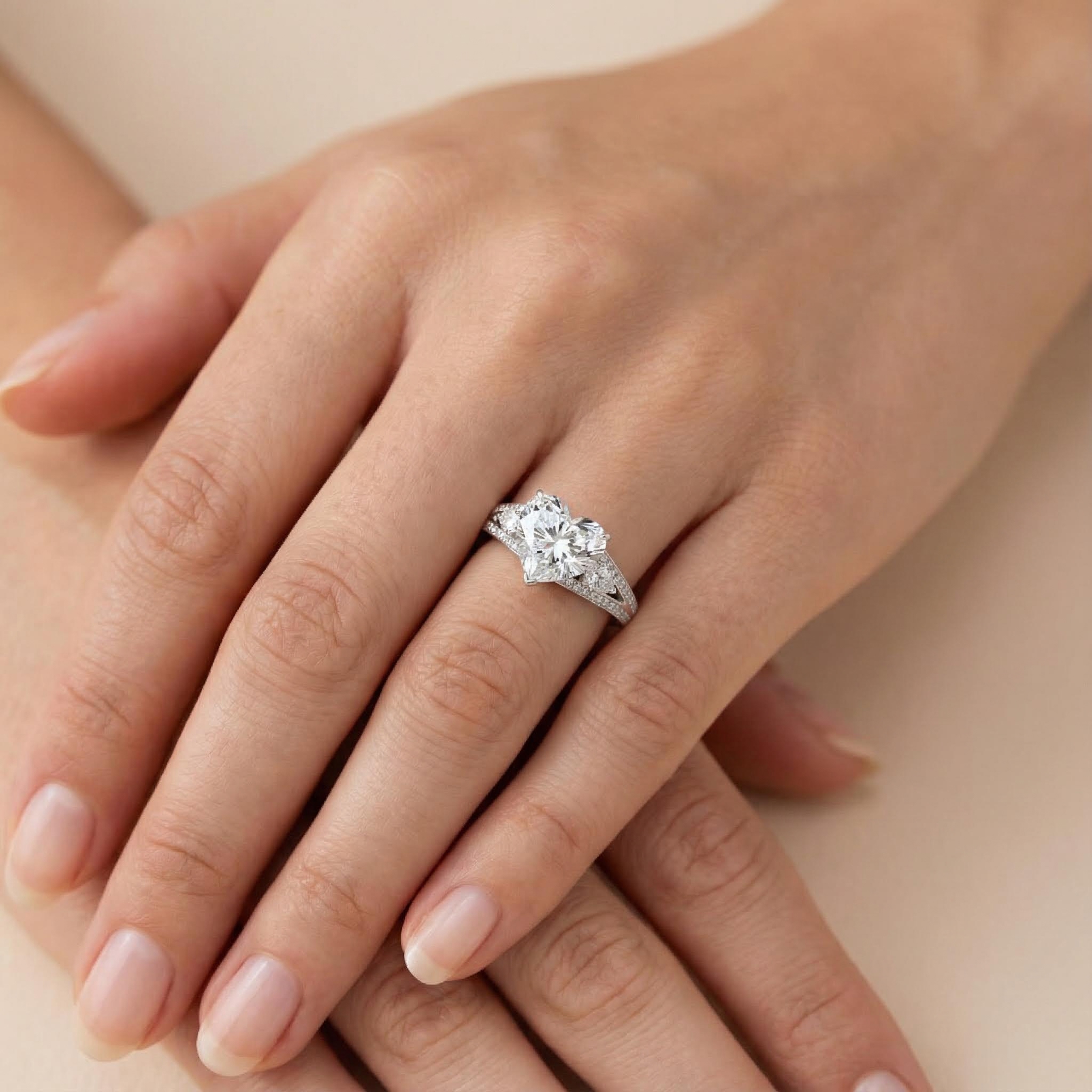 5.08CT Heart Cut VVS Moissanite Pave Engagement Ring with Pear Cut Side Stone