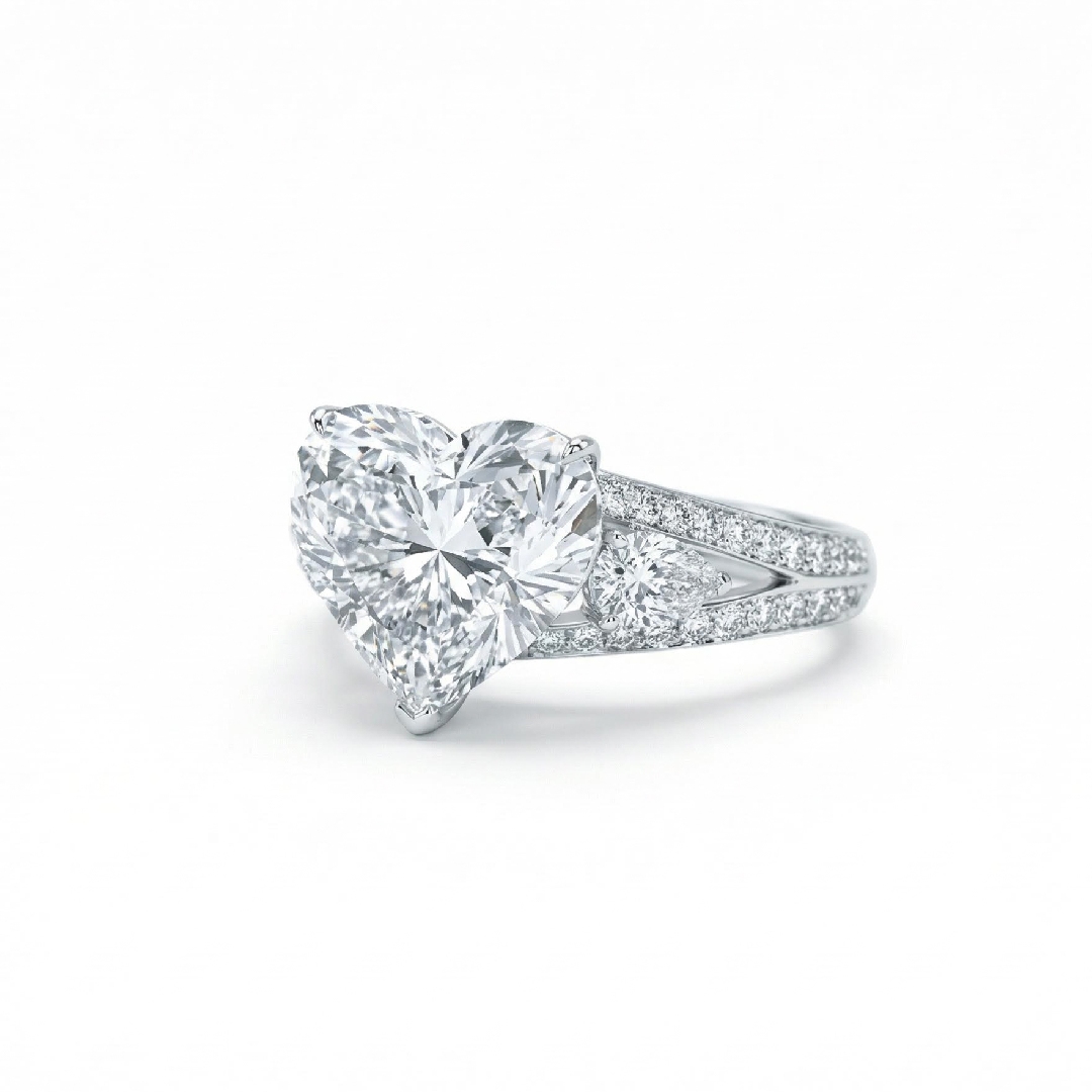 3.43ct TCW Heart Cut VVS Moissanite Pave Engagement Ring with Pear Cut Side Stone