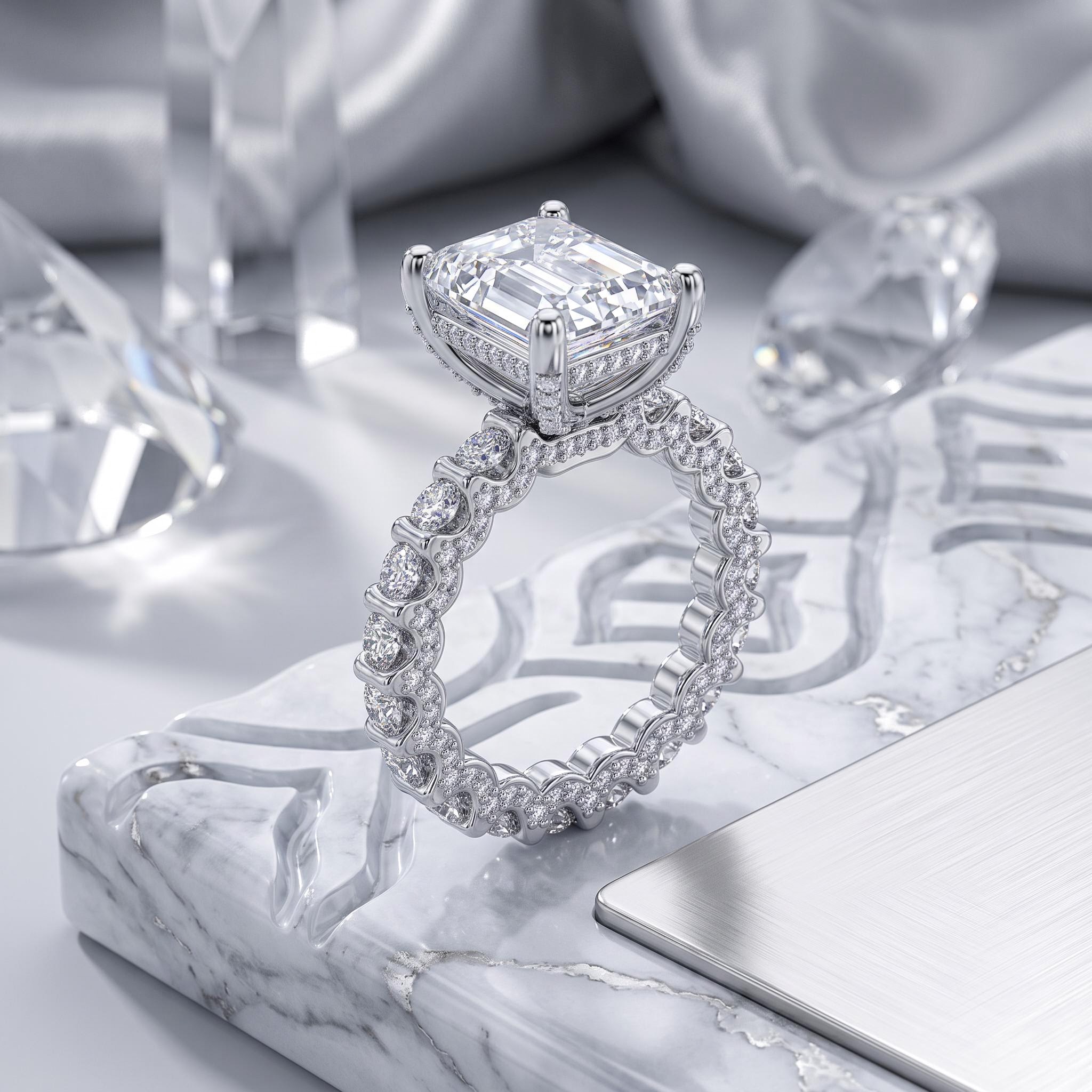 12.9ct. tw. Radiant Cut VVS Moissanite Pave Engagement Ring 12.9ct. tw. Radiant Cut VVS Moissanite Pave Engagement Ring