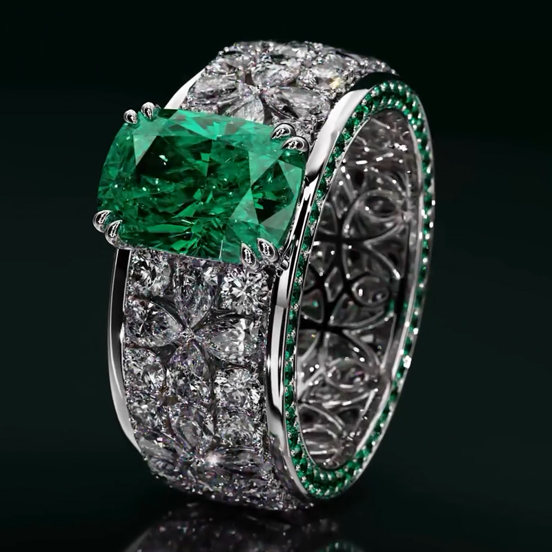 18.18CT Luxurious Green Cushion Cut Gemstone Encrusted Wedding Band