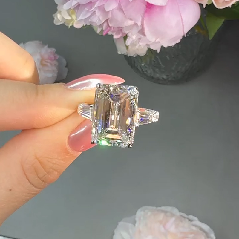 4.29CT Emerald Cut VVS Moissanite Three Stone Pave Engagement Ring