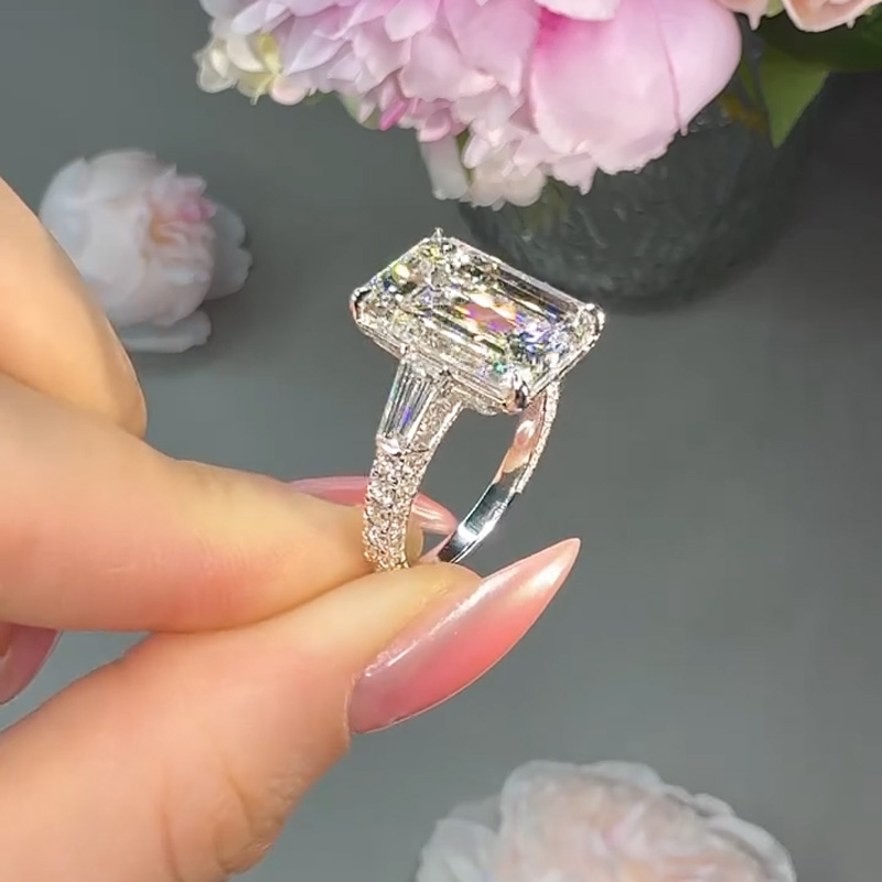 4.29CT Emerald Cut VVS Moissanite Three Stone Pave Engagement Ring
