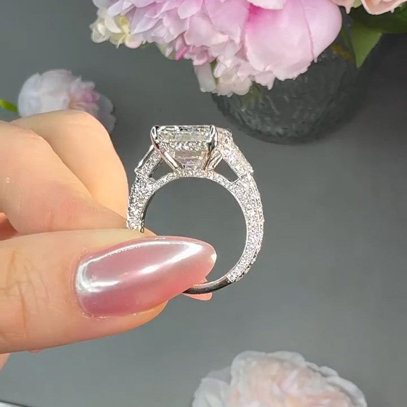 4.29CT Emerald Cut VVS Moissanite Three Stone Pave Engagement Ring