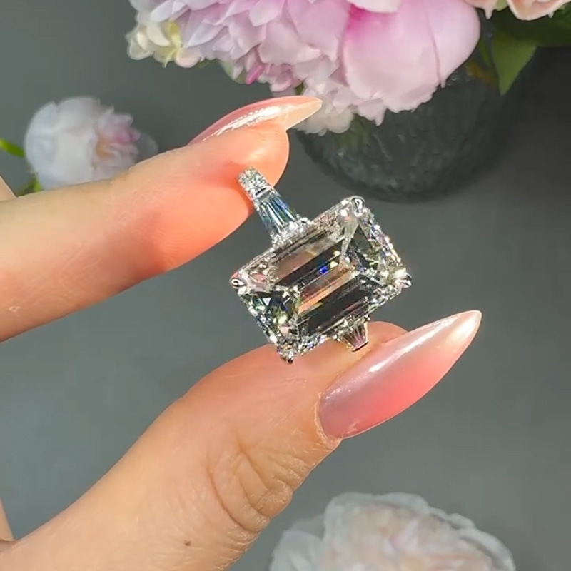 4.29CT Emerald Cut VVS Moissanite Three Stone Pave Engagement Ring