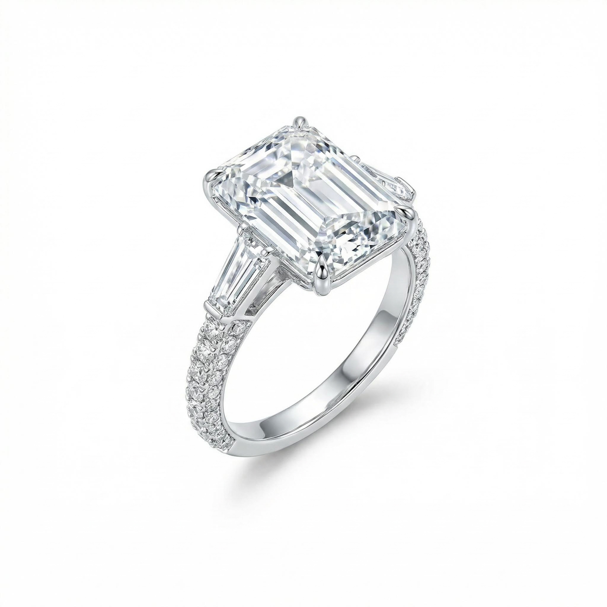 4.29CT Emerald Cut VVS Moissanite Three Stone Pave Engagement Ring
