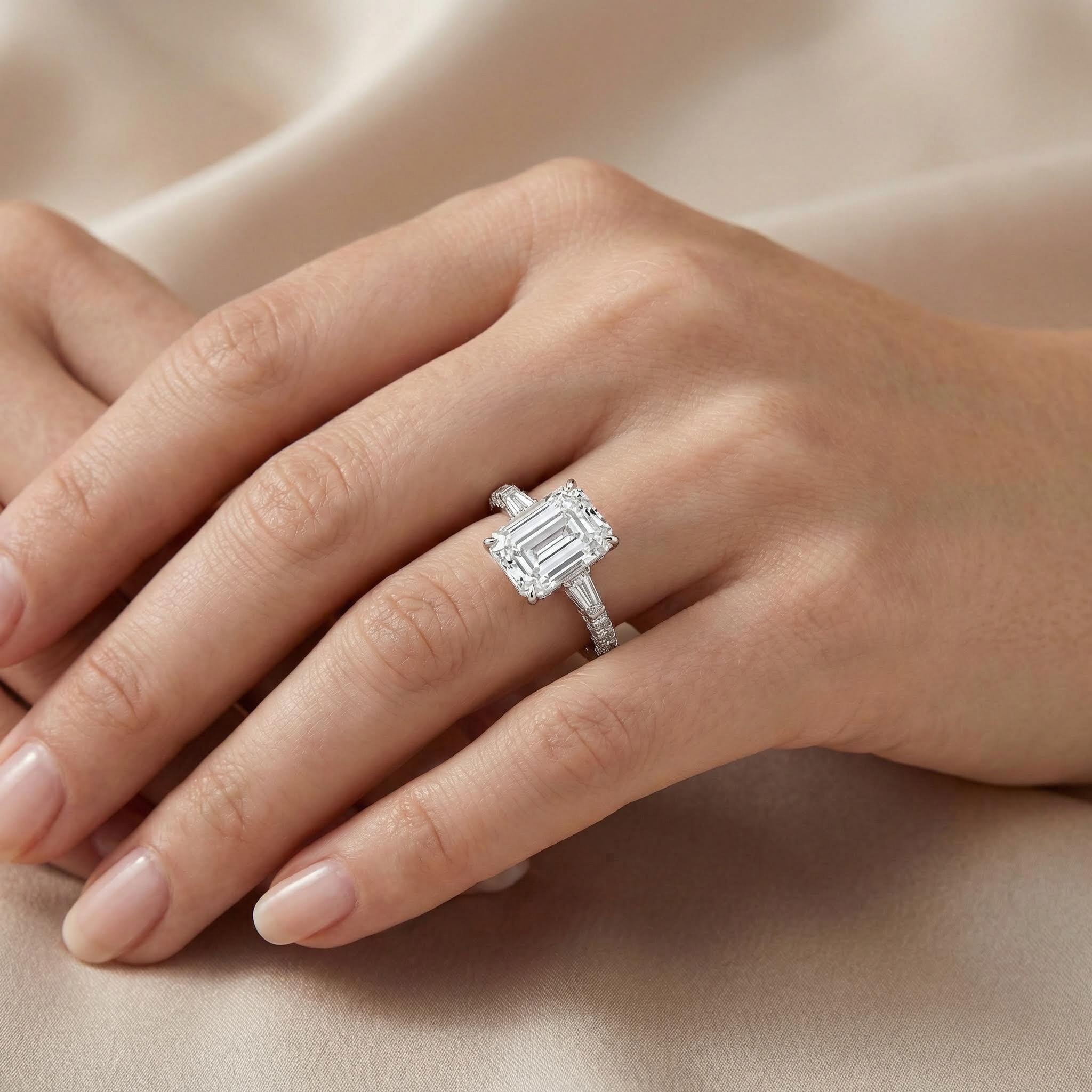 4.29CT Emerald Cut VVS Moissanite Three Stone Pave Engagement Ring