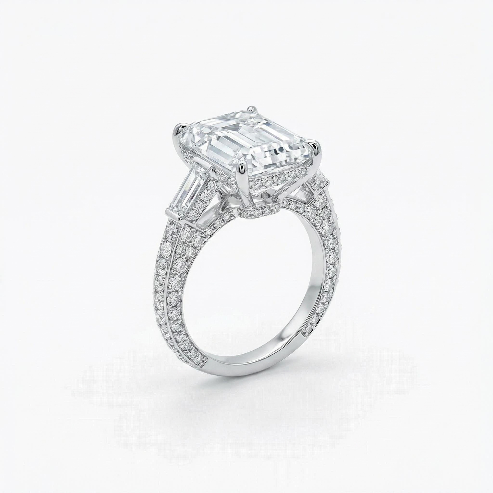 4.29CT Emerald Cut VVS Moissanite Three Stone Pave Engagement Ring
