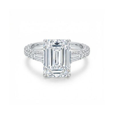4.29CT Emerald Cut VVS Moissanite Three Stone Pave Engagement Ring
