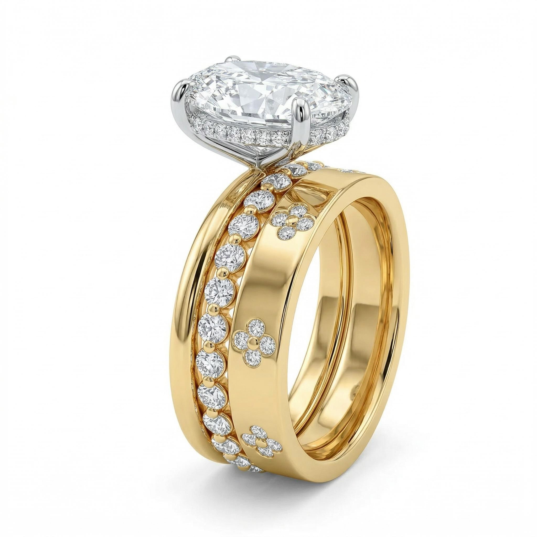 6.72CT Oval Cut VVS Moissanite Pave Engagement Ring Set- 3Pcs