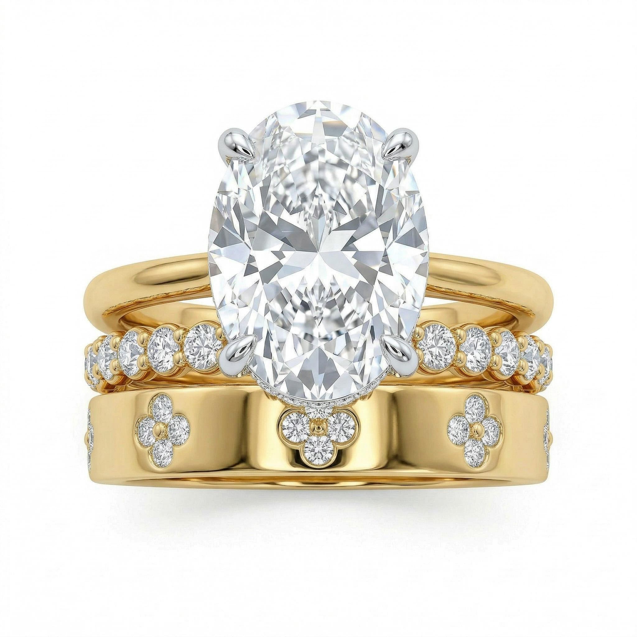 6.72CT Oval Cut VVS Moissanite Pave Engagement Ring Set- 3Pcs