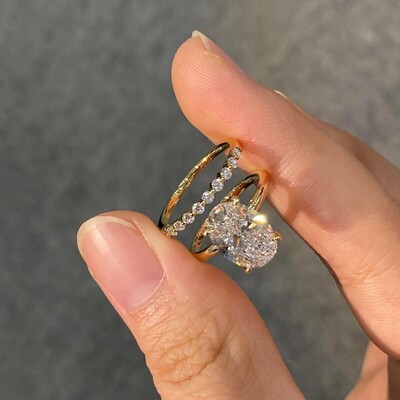 5.7CT Oval Cut VVS Moissanite Pave Engagement Ring Set