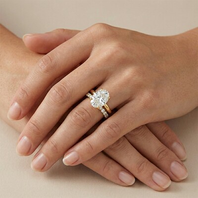 5.7CT Oval Cut VVS Moissanite Pave Engagement Ring Set