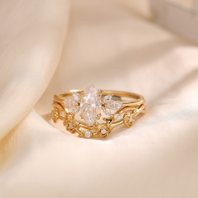 2.8CT Marquise Cut with Floral Accents VVS Moissanite Engagement Ring Set