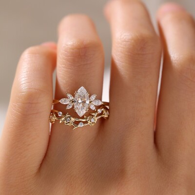 2.8CT Marquise Cut with Floral Accents VVS Moissanite Engagement Ring Set