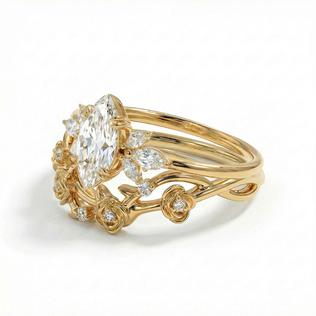 2.8CT Marquise Cut with Floral Accents VVS Moissanite Engagement Ring Set 2.8CT Marquise Cut with Floral Accents VVS Moissanite Engagement Ring Set