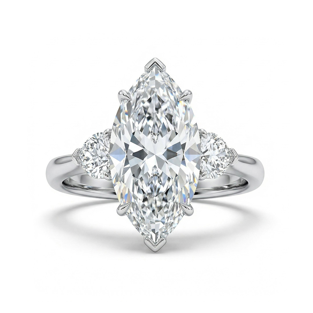 4.46CT Marquise Cut with Heart Side Stones VVS Moissanite Engagement Ring