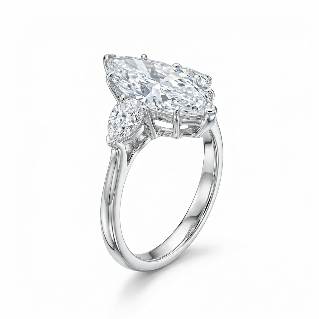 4.46CT Marquise Cut with Heart Side Stones VVS Moissanite Engagement Ring