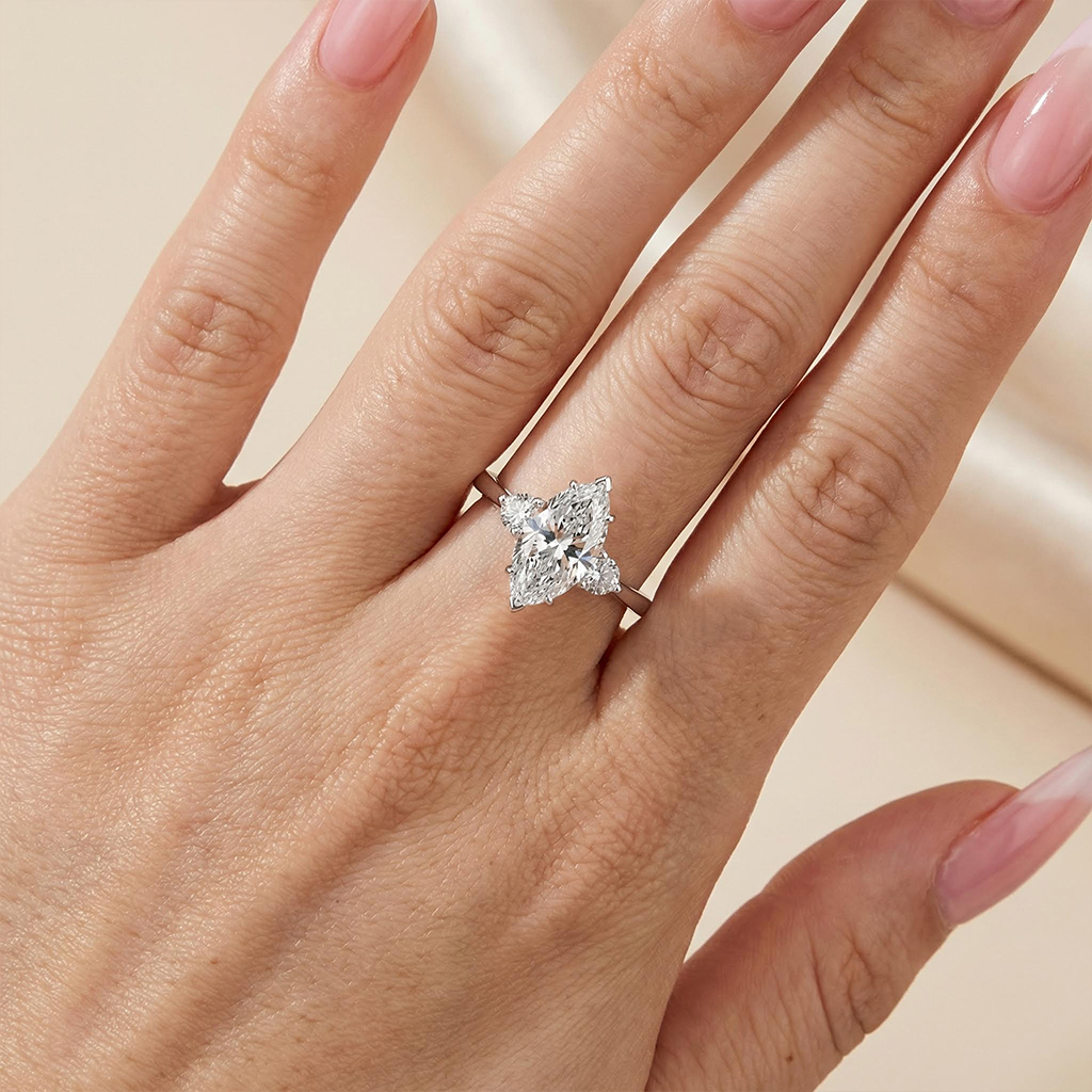 4.46CT Marquise Cut with Heart Side Stones VVS Moissanite Engagement Ring