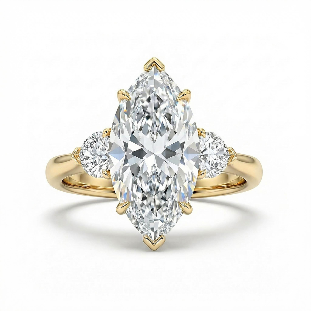 4.46CT Marquise Cut with Heart Side Stones VVS Moissanite Engagement Ring