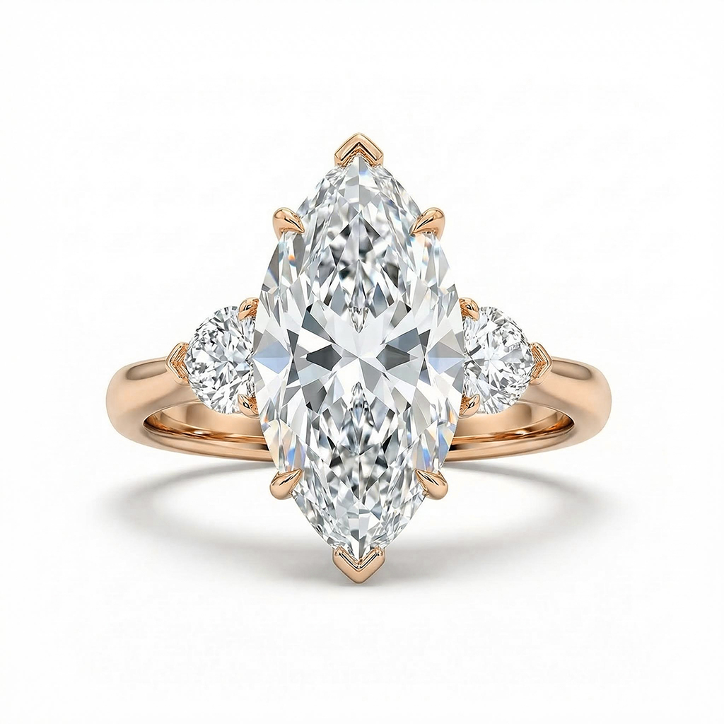 4.46CT Marquise Cut with Heart Side Stones VVS Moissanite Engagement Ring