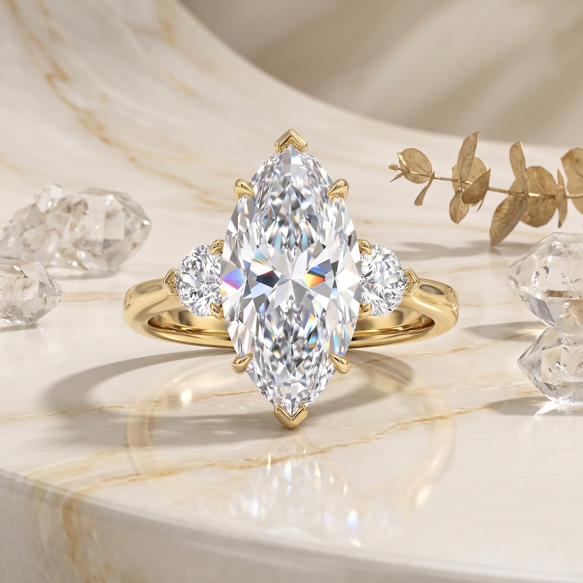 3.6ct. tw. Marquise Cut with Heart Side Stones VVS Moissanite Engagement Ring 3.6ct. tw. Marquise Cut with Heart Side Stones VVS Moissanite Engagement Ring