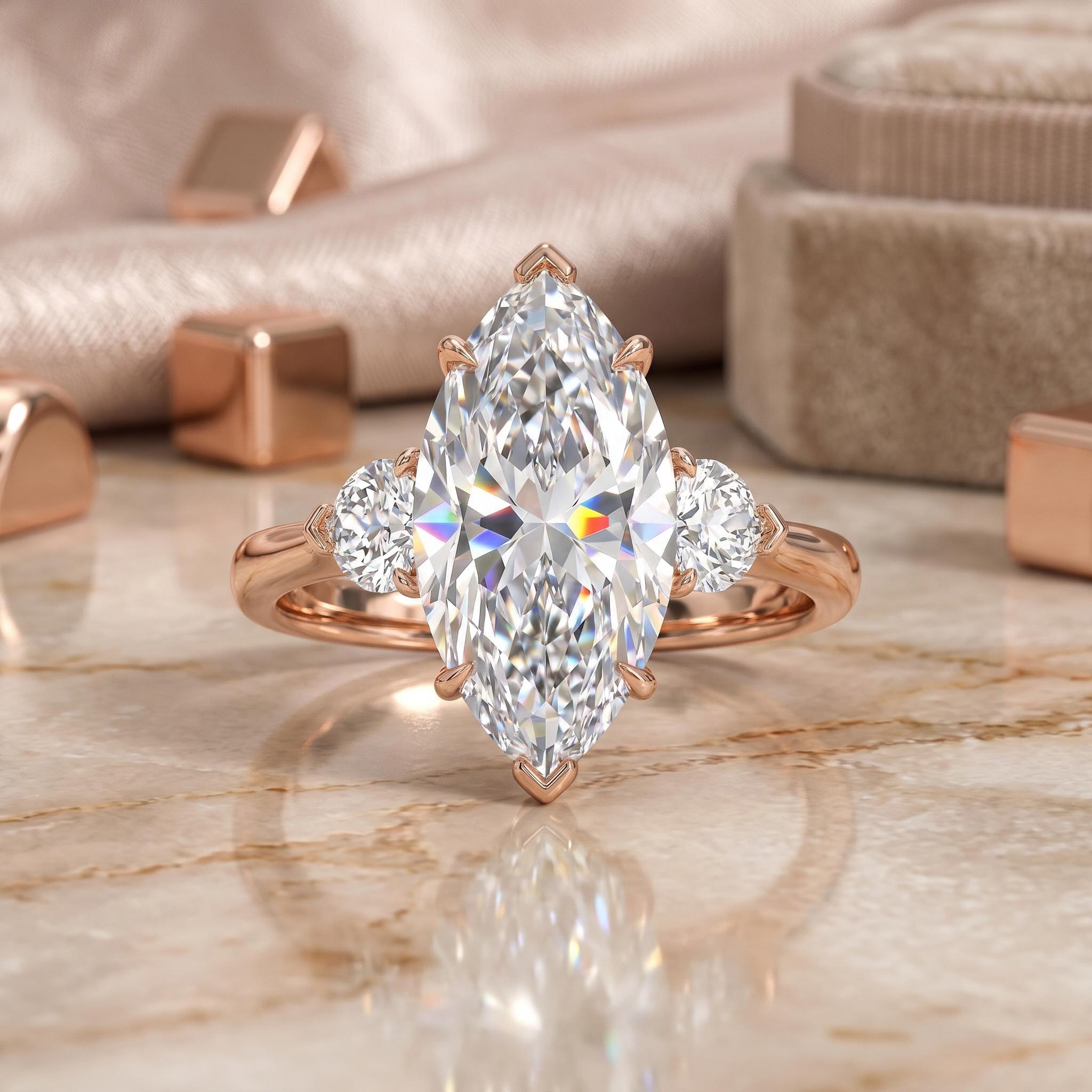 3.6ct. tw. Marquise Cut with Heart Side Stones VVS Moissanite Engagement Ring 3.6ct. tw. Marquise Cut with Heart Side Stones VVS Moissanite Engagement Ring