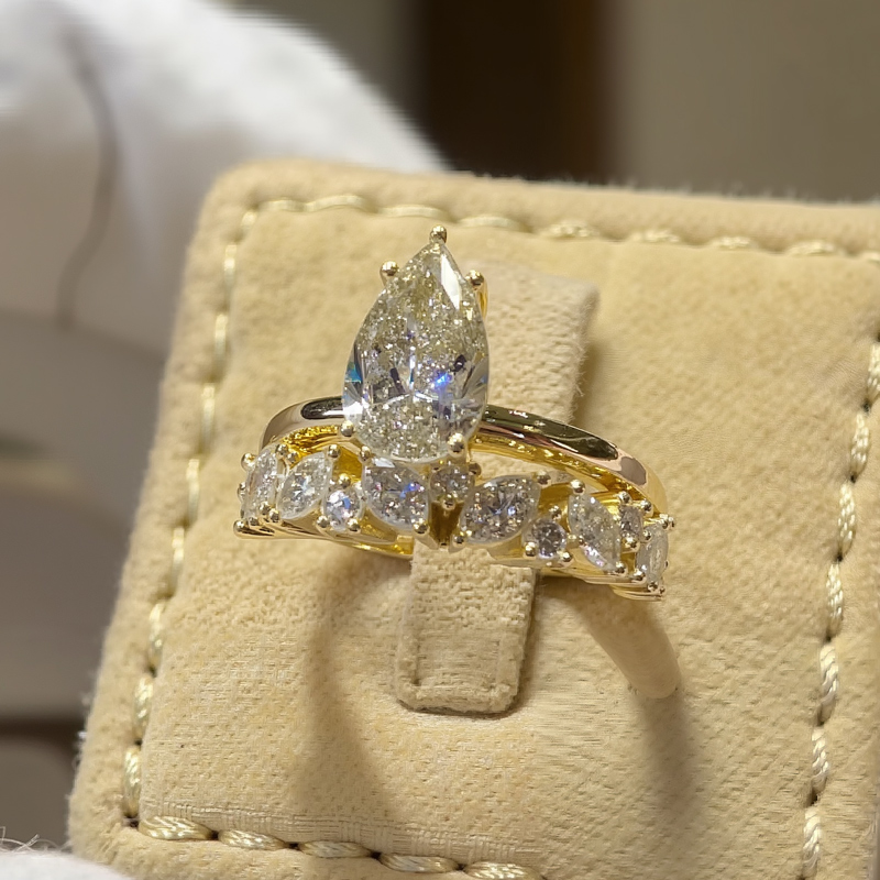 2.87CT Pear Cut VVS Moissanite Pave Engagement Ring Set