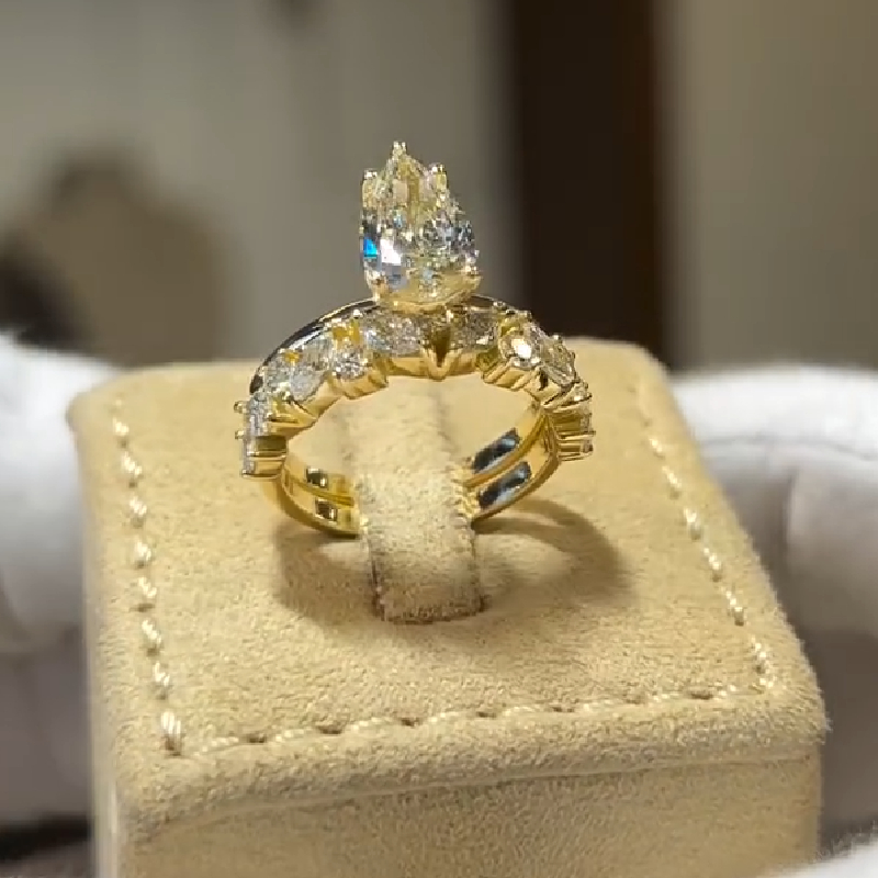 2.87CT Pear Cut VVS Moissanite Pave Engagement Ring Set