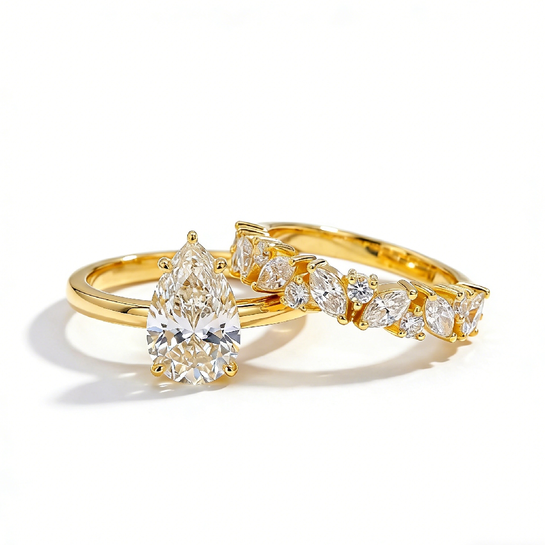 2.87CT Pear Cut VVS Moissanite Pave Engagement Ring Set