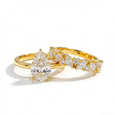 2.87CT Pear Cut VVS Moissanite Pave Engagement Ring Set