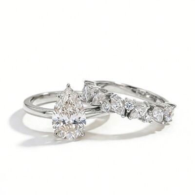 2.87CT Pear Cut VVS Moissanite Pave Engagement Ring Set