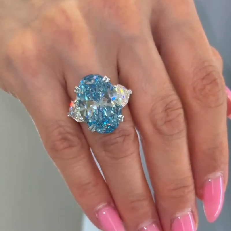 6CT Blue Oval Cut Three Stone Diamond Engagement Ring