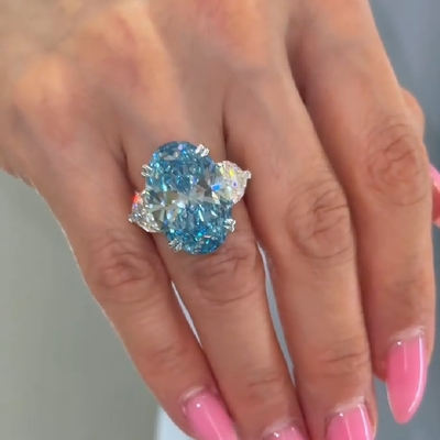 6CT Blue Oval Cut Three Stone Diamond Engagement Ring