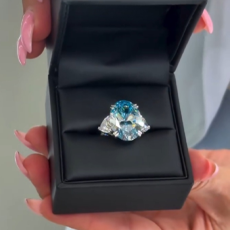 6CT Blue Oval Cut Three Stone Diamond Engagement Ring
