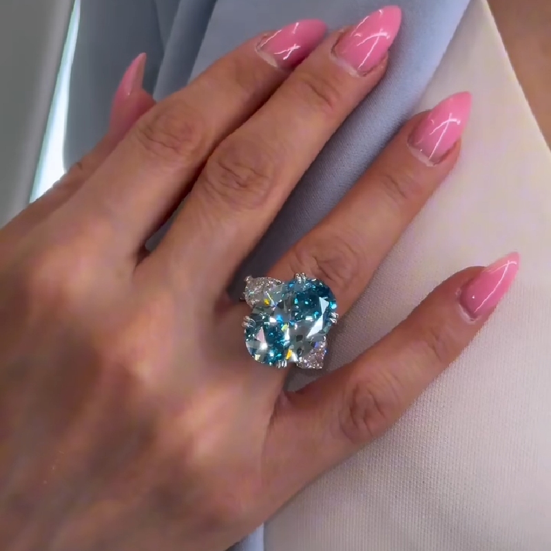 6CT Blue Oval Cut Three Stone Diamond Engagement Ring
