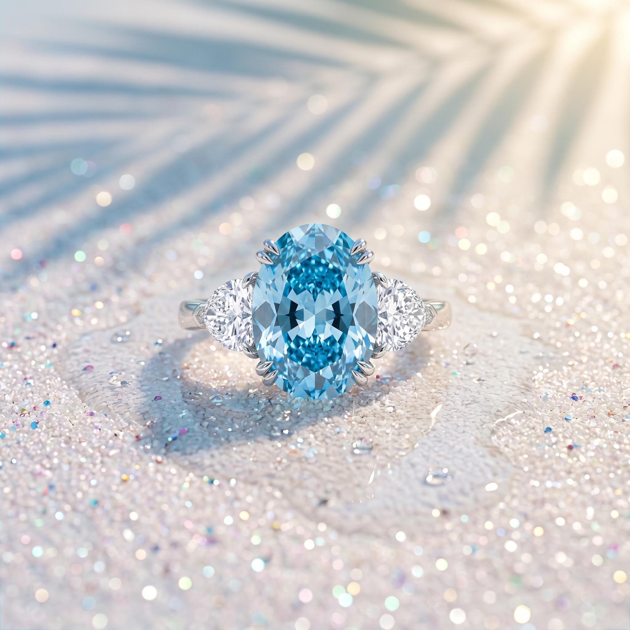 7CT Blue Oval Cut Three Stone Diamond Engagement Ring